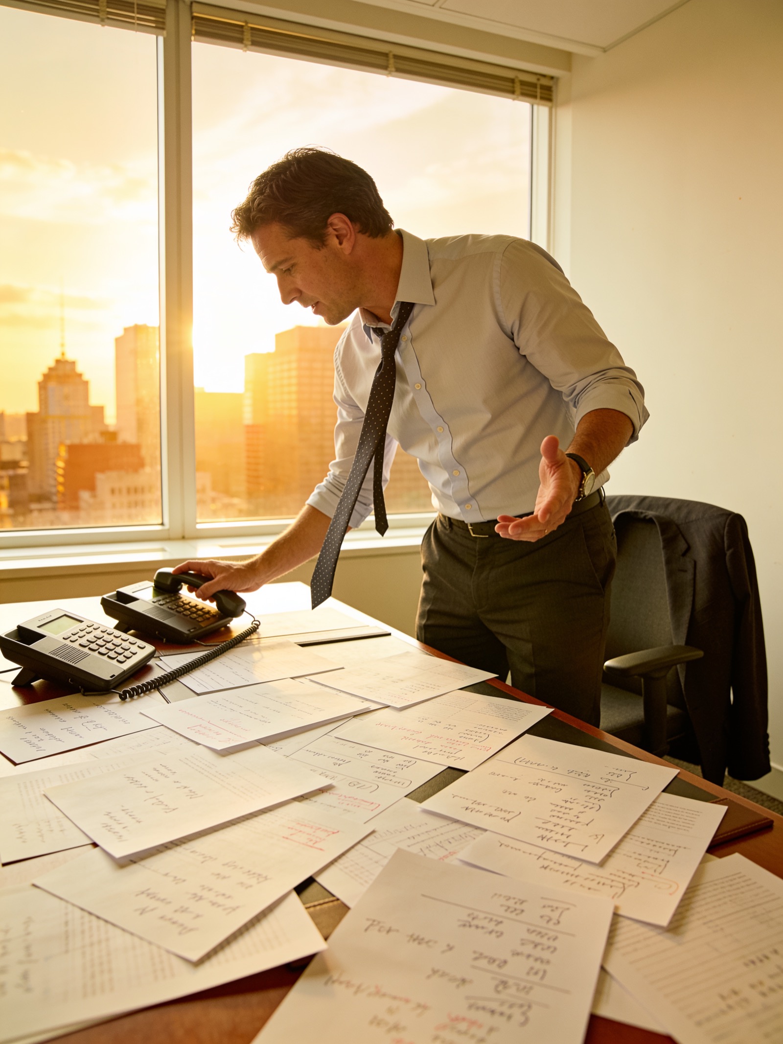 A commercial finance broker on a call at a bright desk, working a deal