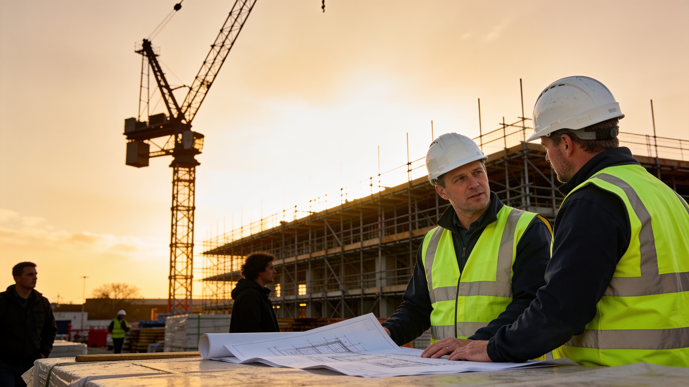 A part-built frame on a small development site, drawings open on the table