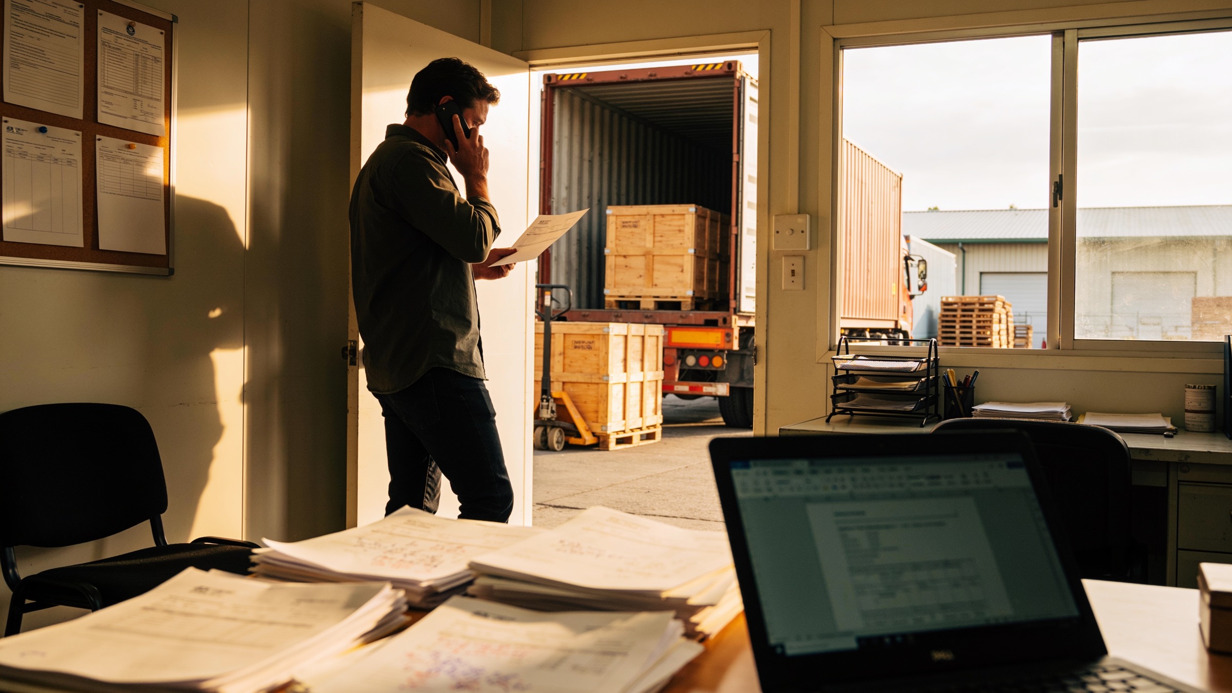 A haulage yard seen from the office door, crates loading under late light