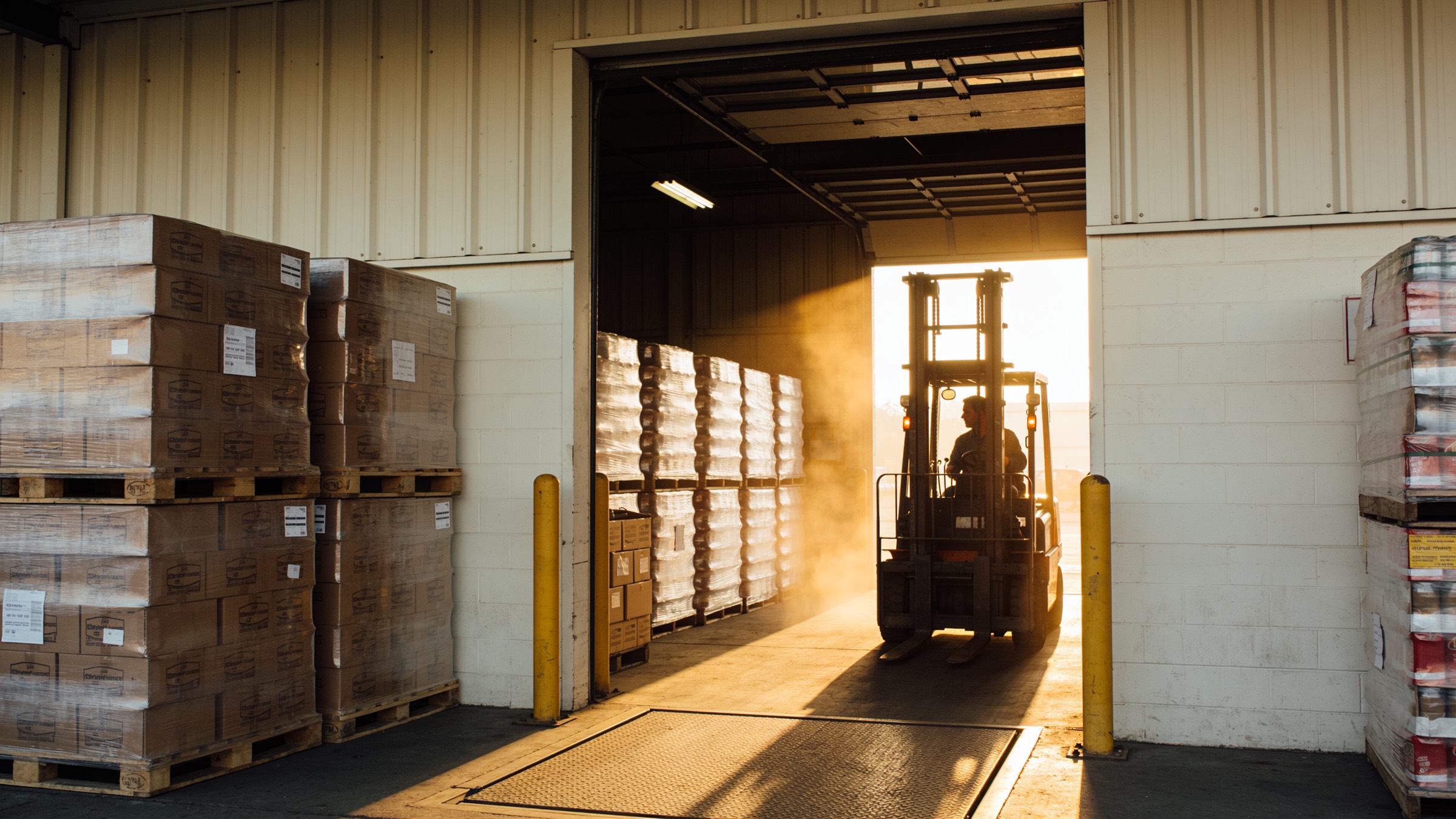 Pallets and a loading bay at a working warehouse