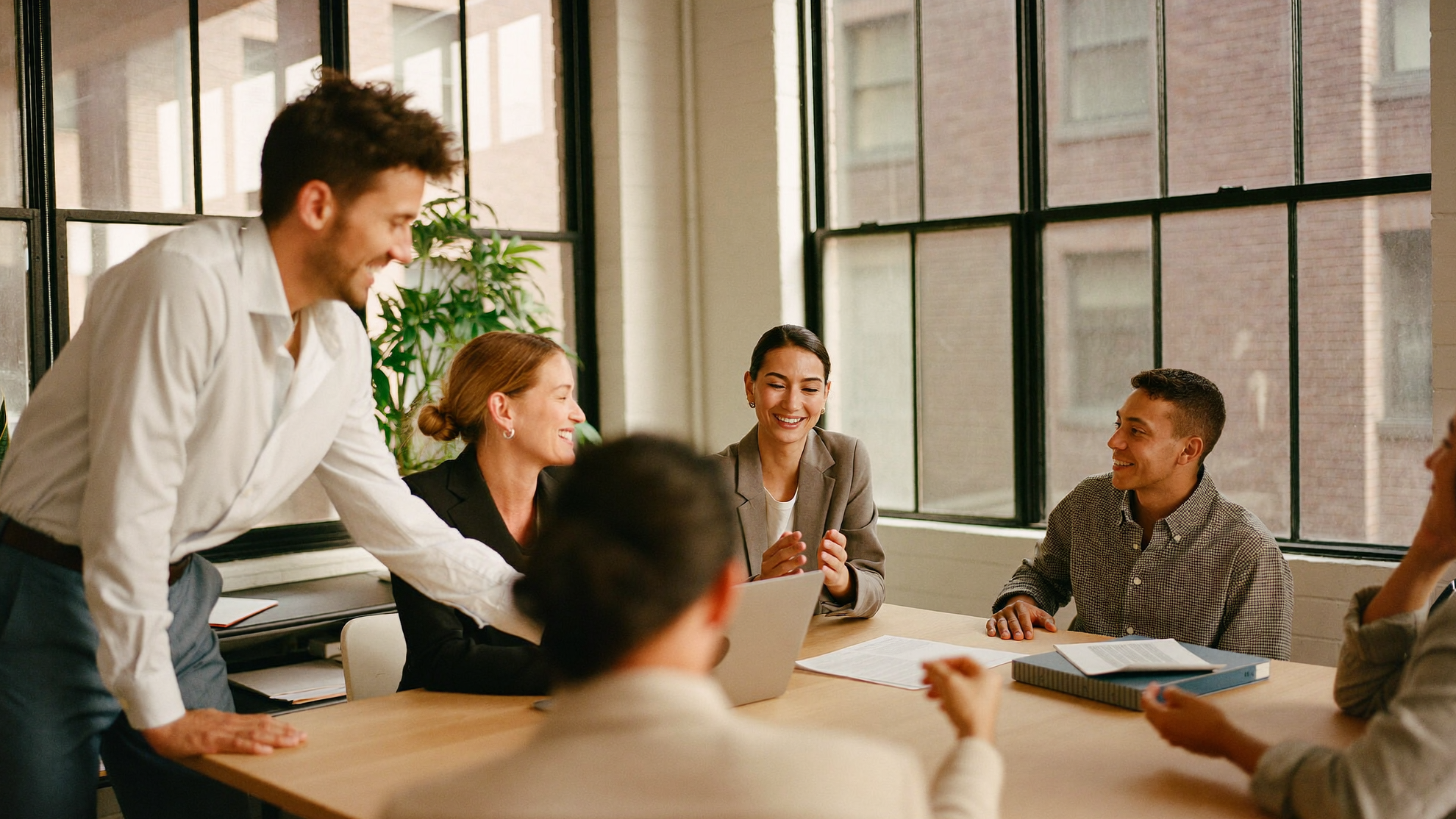 A working session around a table, files and papers open, no screens in frame